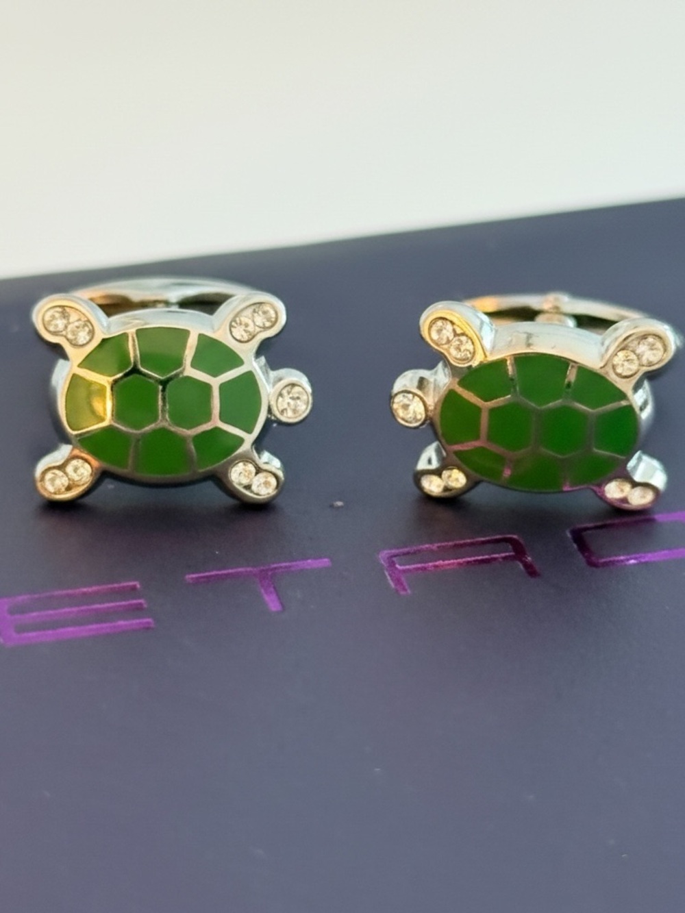 Etro RARE Turtle Green Enamel Cufflinks with Crystal Accents Never Worn
